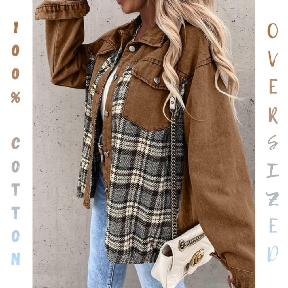100% Cotton Camel Denim Plaid Contrast Jacket